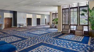 Pre function space with blue carpeting and large windows
