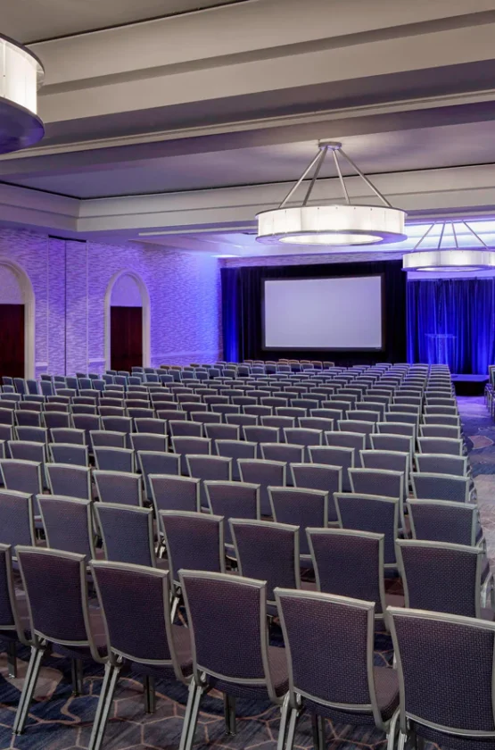Rows of gray chairs face two large projection screens in a modern conference room with purple lighting and geometric carpet patterns.