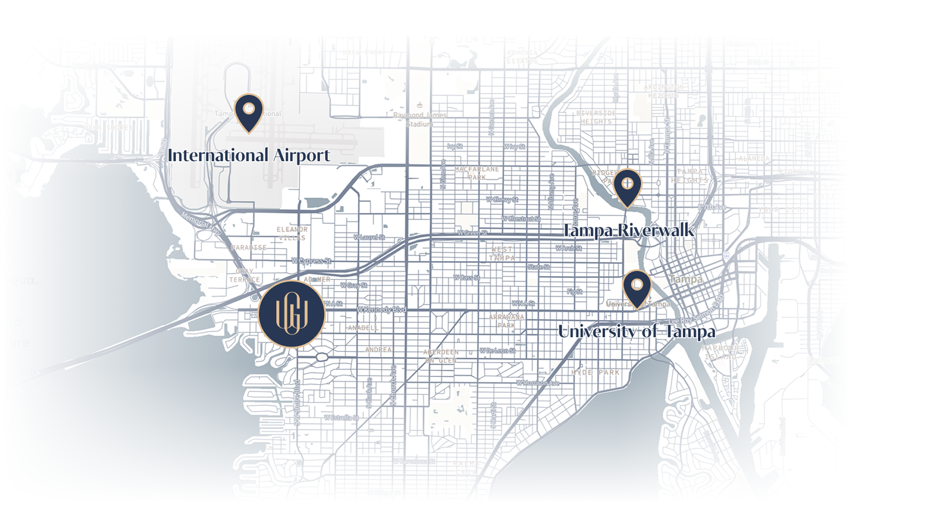 A map of Tampa, Florida, highlighting the International Airport, Westshore Grand Hotel, Tampa Riverwalk, and University of Tampa with labeled markers.